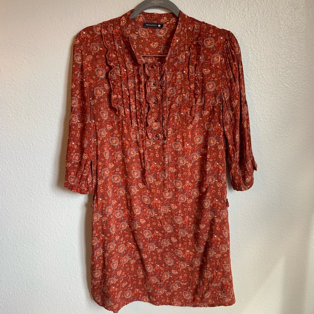 MW Collection Rust Floral Dress with Ruffles